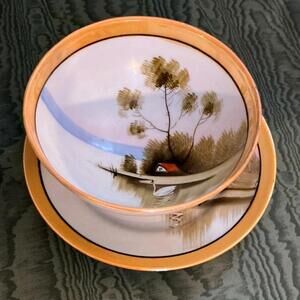 Vintage Japanese Hand Painted Lusterware Country Scene Plate / Rice Bowl